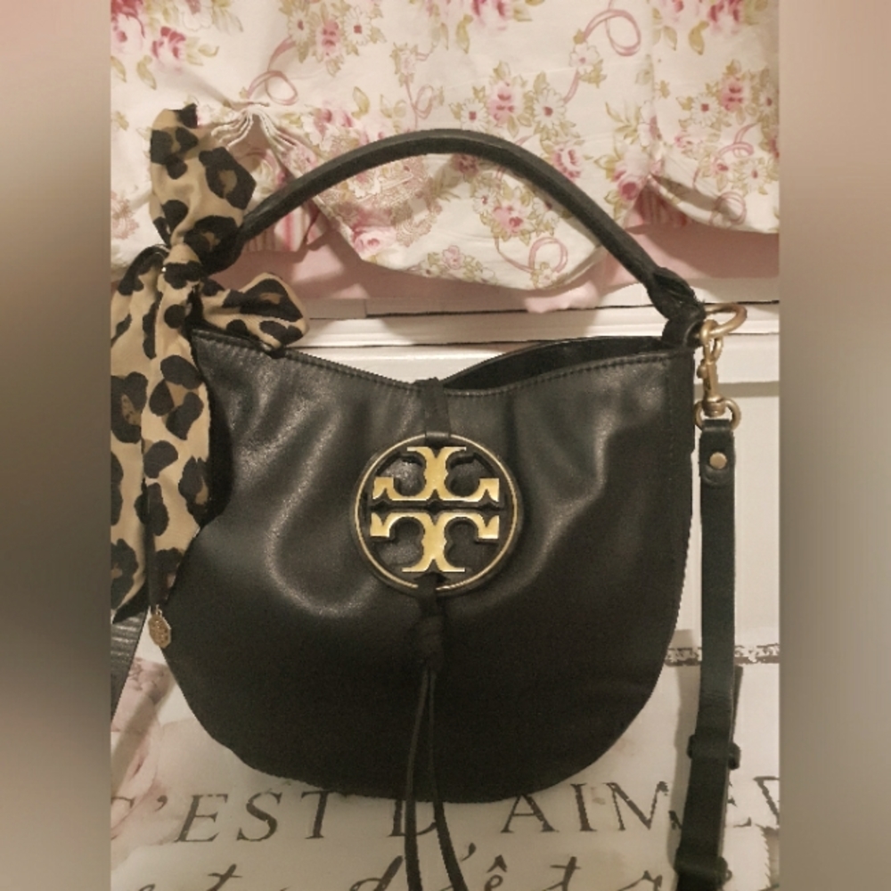 TORY BURCH MILLER METAL-LOGO MINI HOBO, BLACK W/TB  NECKTIE SCARF